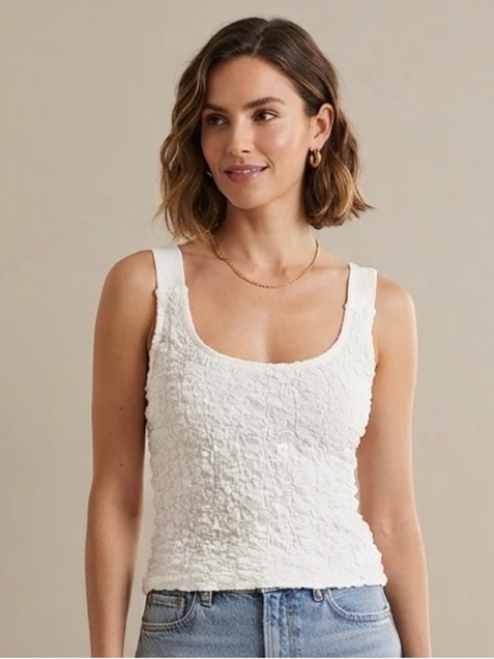 Zara White Textured Crinkle Knit Tank Top